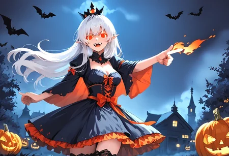 (masterpiece), (score_9, score_8_up, score_7_up,source_anime), 4K8K,
(from front), misty, steam, fog, Floating Halloween pumpkins,
halloween, halloween fantasy,
Japanese cute woman, (solo), (white sikin:1.3), vampirequeen, (finger gun, pointing at viewer:1.4), burning pumpkin, (dark aura:1.4), (smirk, half-opened mouth, Canine, tooth, fang1.2),
(medium figure:0.9), (pointy breasts:1.1),
(white hair, verry long hair), (red glowing eyes, slanted eyes:1.2),
(wearing vampire cos, dress, makeup, red and black dress, zettai ryouiki, thighhighs:1.2),
(BloforMB, red theme, scenery at dark night:1.3), elf ears,