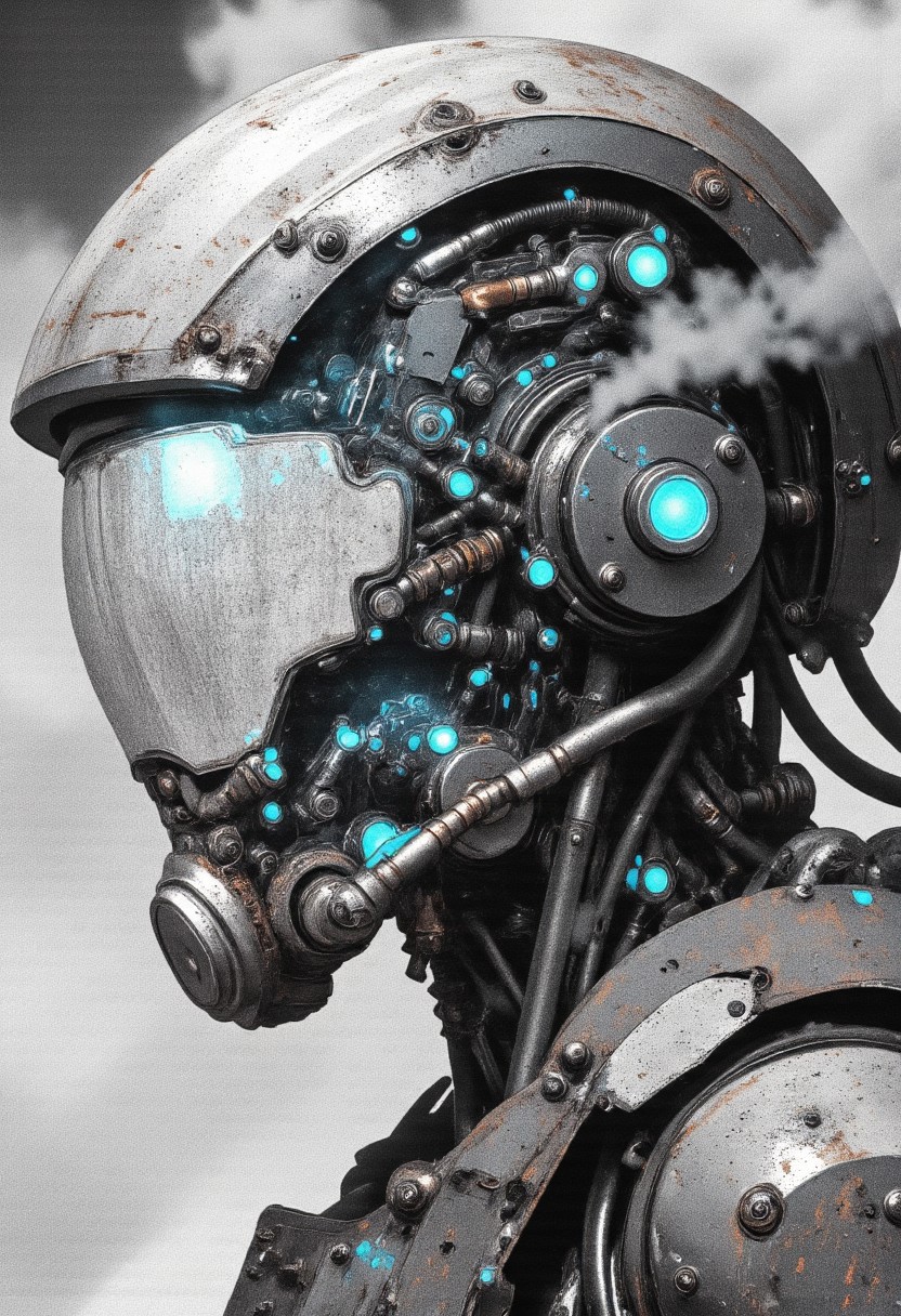A cpstyle neon-mist closeup portrait dmpfm07 of an overengineered, steam-powered combat helmet—a monolithic construct of overlapping iron plates, complex pressure chambers, and tightly wound copper tubing feeding into a hyper-pressurized boiler core. The translucent visor, slightly warped by heat exposure, is streaked with condensation, revealing the internal chaos of ticking mechanical timers, fluctuating steam regulators, and analog computation circuits humming with archaic logic. Beneath the armored exoskeleton, a micro-turbine pulses erratically, its intricate network of pistons and rotary components struggling under the strain, releasing bursts of thick black steam through corroded exhaust flanges. The environment is a sun-seared desert wasteland, pixelated white dust swirling in chaotic, neon-mist vortices. The entire scene vibrates with a digital-steam distortion effect, merging industrial brutality with a glitching voxel-based 3D game aesthetic. Shadows flicker in monochromatic desaturation, with jagged neon-blue light cutting through the mechanical gloom. dfmstyle.