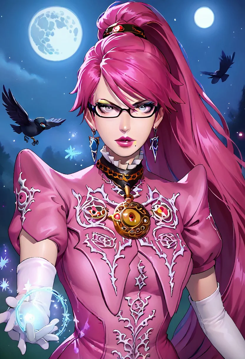 upper body, half body, BayonettaSDXL, Bayonetta2, 1girl, solo, focus, magic, dark shadows magic, long hair, looking at viewer, absurdly long hair, ponytail, Floor length air gray eyes, pink hair, blue lipstick, gloves, jewelry, very long hair, tall girl, earrings, parted lips, glasses, elbow gloves, white gloves, mole, lips, bodysuit, makeup, night, moon, lipstick, mole under, r mouth, full moon, amulet, bayonetta, cowboy shot,, crowmancer, crow flock, drawing dark magic circles with shadows, bold, striking, cowboy shot, easynegative, flat color, dark theme, g4n1m3, shadow magic, arkane_dark, night, night lights, dynamic pose, dynamic angle, Vintage BREAK score_9, score_8_up, score_7_up, score_6_up, source_anime, (crown, dress, gem, gloves, pink dress, puffy short sleeves, puffy sleeves, short sleeves, white glove)