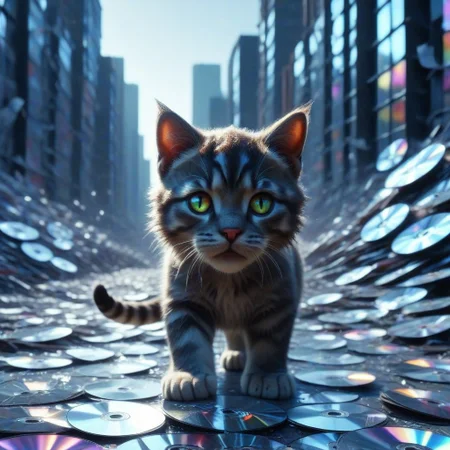 lazypos, cinematic photo of a kitty made of cd's scurrying through a city of shattered mirrors, cinematic, colorful background, concept art, 8k, dramatic lighting, high detail, highly detailed, hyper realistic, intricate, intricate sharp details, octane render, smooth, studio lighting, trending on artstation., cinematic photorealistic, 8k uhd natural lighting, raw, rich, intricate details, key visual, atmospheric lighting, 35mm photograph, film, bokeh, professional, 4k, highly detailed