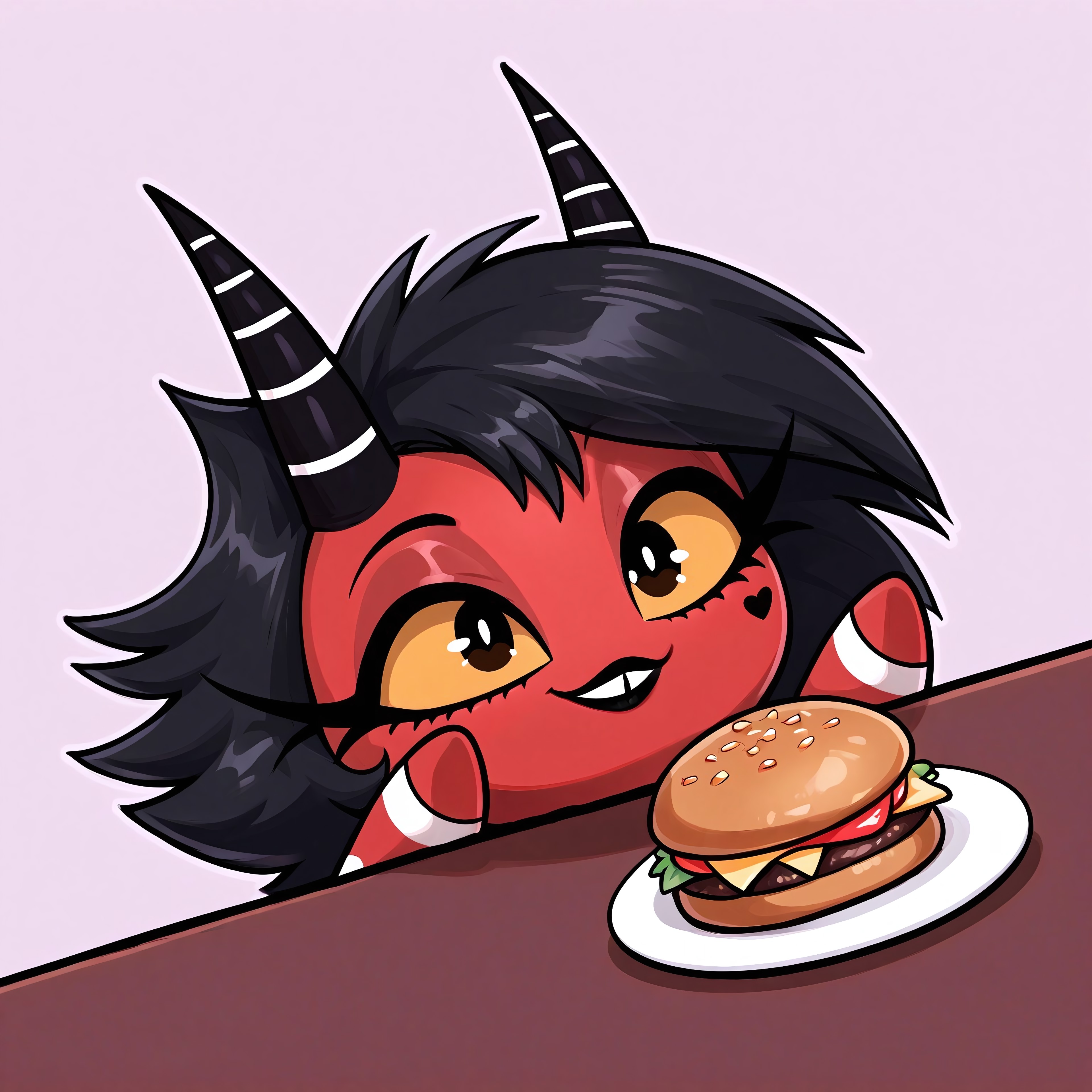 masterpiece, score_9_up, score_8_up, score_7_up, score_6_up, (best quality:1.1), ultra-detailed, high resolution, solo, highly detailed macro illustration, sfw, BREAK 1girl, millie, helluva boss, imp, horns, red skin, black hair, excited expression, (expression stars in the air:1.3), black lipstick, cute, (cute face:1.5), buck teath, long eyelashes, yellow sclera, (beautiful eyes) BREAK mikus-concept, upper body, raised paws, table, burger plate, restaurant, abstract background BREAK sharp focus, perfect lighting, anatomically correct, extremely detailed, high detail, detailed background, OverallDetail, zPDXL3