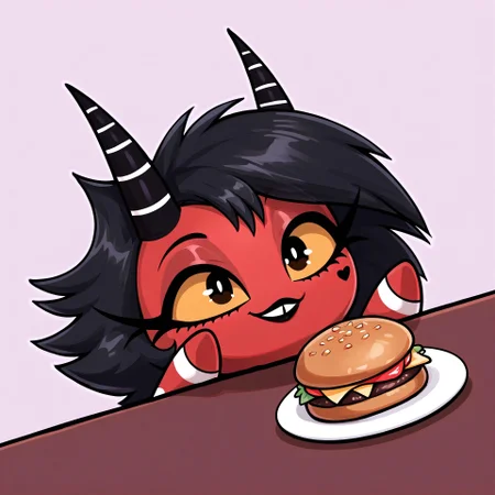 masterpiece, score_9_up, score_8_up, score_7_up, score_6_up, (best quality:1.1), ultra-detailed, high resolution, solo, highly detailed macro illustration, sfw, BREAK 1girl, millie, helluva boss, imp, horns, red skin, black hair, excited expression, (expression stars in the air:1.3), black lipstick, cute, (cute face:1.5), buck teath, long eyelashes, yellow sclera, (beautiful eyes) BREAK mikus-concept, upper body, raised paws, table, burger plate, restaurant, abstract background BREAK sharp focus, perfect lighting, anatomically correct, extremely detailed, high detail, detailed background, OverallDetail, zPDXL3