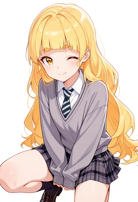 masterpiece,high quality details,absurdres,
<lora:Shiraki_Hime:0.8>
hime_cnr, 1girl, blonde hair, very long hair, yellow eyes, blunt bangs, thick eyebrows,(aged up:0.7), 
hime_s2, grey sweater,white shirt, collared shirt, striped necktie, sleeves past wrists,plaid skirt, pleated skirt, loafers,, simple background, white background, front view,solo,, ;),