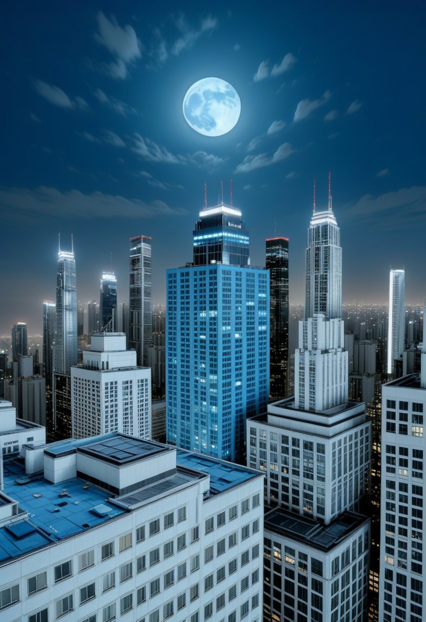 night, dark muted azure pale cloud lumened by bright moon, skyscrapers with white frequent square windows; shades of skyscraper windows: light blue, The roofs of skyscrapers are dark squares or illuminated with a dim blue border,