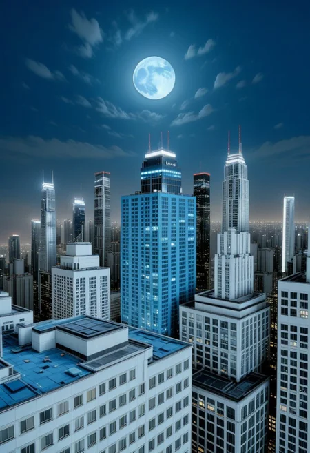night, dark muted azure pale cloud lumened by bright moon, skyscrapers with white frequent square windows; shades of skyscraper windows: light blue, The roofs of skyscrapers are dark squares or illuminated with a dim blue border,