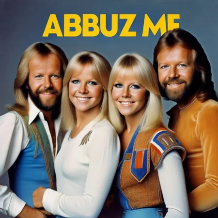 Close to : Text: "ABBUZZ ME", ABBA music group, members, photo, smiling, 