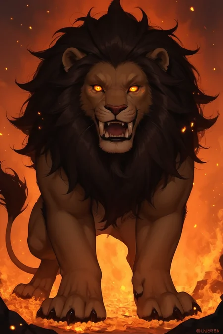 lion, no humans, glowing eyes, glowing, looking at viewer, claws, yellow eyes, solo, embers, fangs, animal focus,
<lora:RI--Mixmain:1>