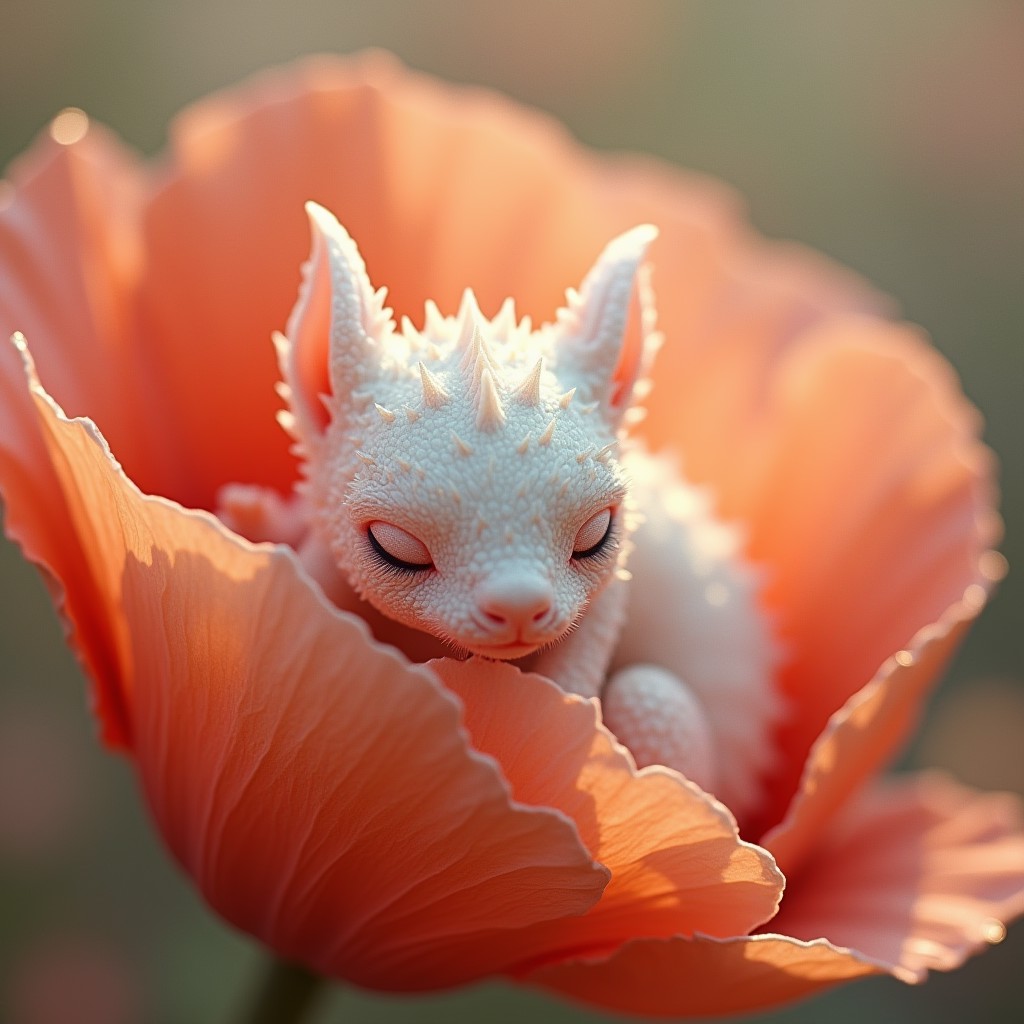 abstract expressionism, cuteness overload realism, close up macro photography by Shaddy of a close up cute tiny white rhinestone transparent ice gremlin little dragon sleeping inside a giant poppy flower, sleek, modern., fairytale, light inside body, otherworldly glowing fantasy, detailed glistening oil scales texture, soft sepia, artistic water drops, dynamic pose, tender, soft pastel colors, octane render, soft natural volumetric light, bioluminescence atmospheric, sharp focus, centered composition, professional photography, complex background, soft haze, masterpiece. animalistic, beautiful, tiny detailed<lora:xl_more_art-full_v1:0.3>