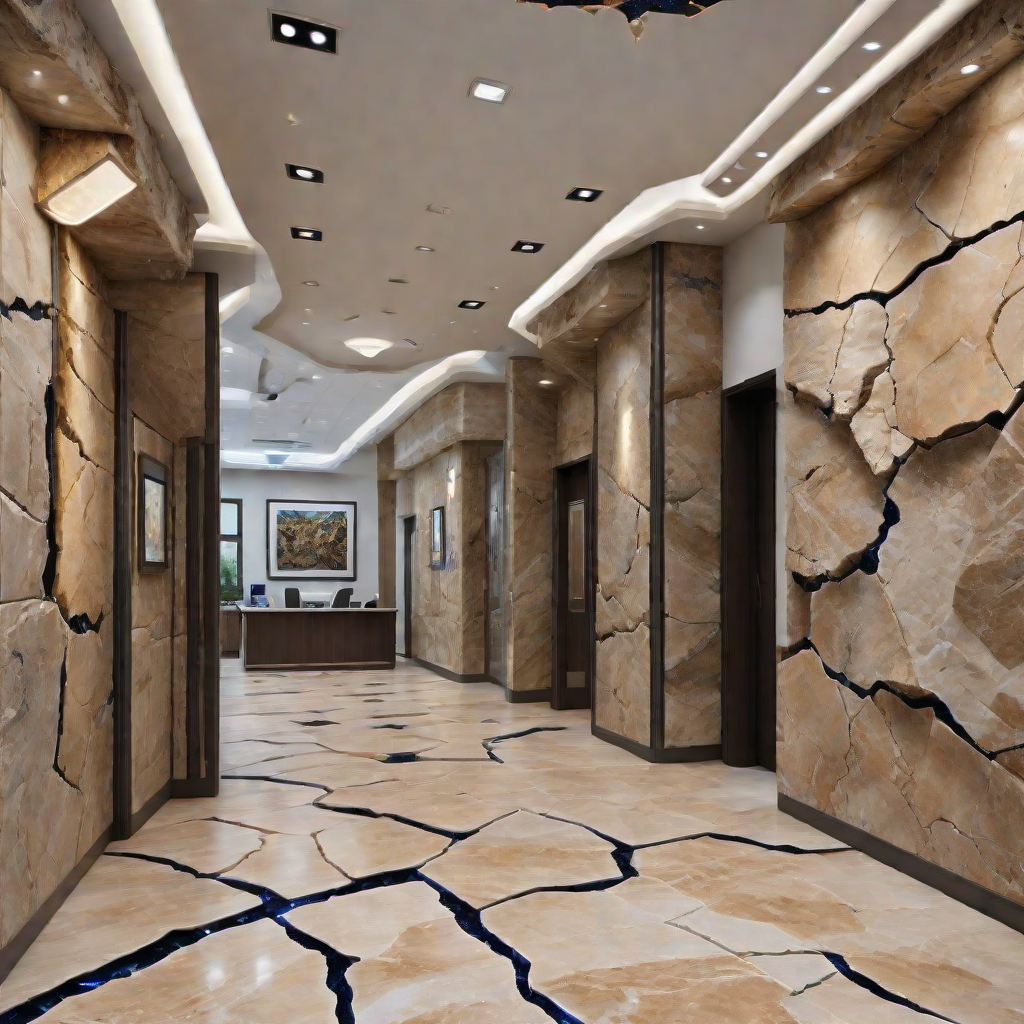 hyper detailed masterpiece, dynamic, awesome quality,DonMFr4ck7ur3dUnd3rw0rldXL medical offices, travertine stone, pathway lights,lanterns with real flames, wall washing  <lora:DonMFr4ck7ur3dUnd3rw0rldXL-000006:1>