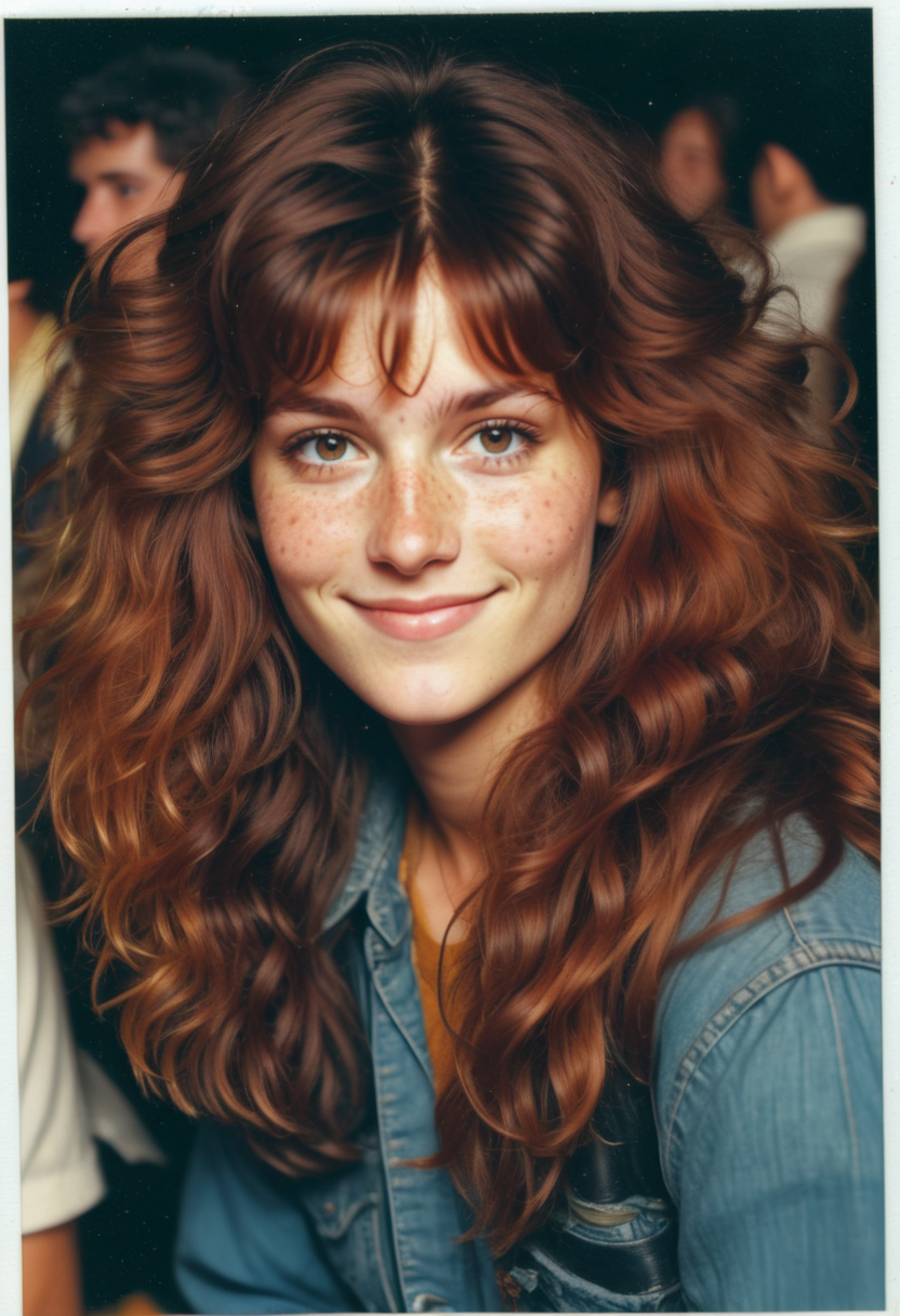 1980s vintage photo, extremely beautiful woman,  freckles, beautiful eyes,, dark red hair, wavy, brown eyes, 1980s big poofy hair with big bangs,smile , many freckles, polaroid 1980s rock concert, groupie, rock fan, vintage