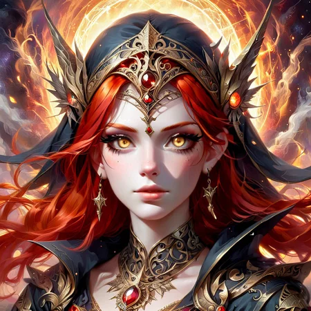 a witch with bright red hair, golden eyes, wearing a intricate headpiece