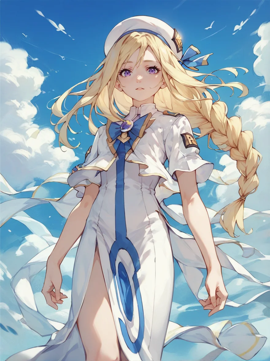 score_9, score_8_up, score_7_up, score_6_up, score_5_up, 1girl, <lora:Alicia Florence_epoch_10:0.7>, alicia, blonde hair, purple eyes, single braid, dress, aria company uniform, side slit, standing, white headwear, beret, brooch, bow,