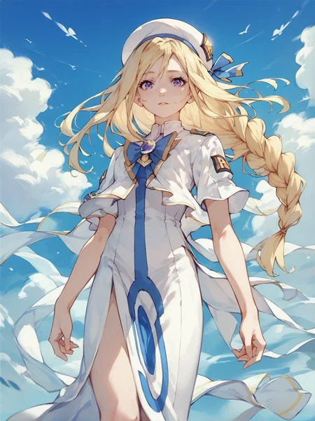 score_9, score_8_up, score_7_up, score_6_up, score_5_up, 1girl, <lora:Alicia Florence_epoch_10:0.7>, alicia, blonde hair, purple eyes, single braid, dress, aria company uniform, side slit, standing, white headwear, beret, brooch, bow,