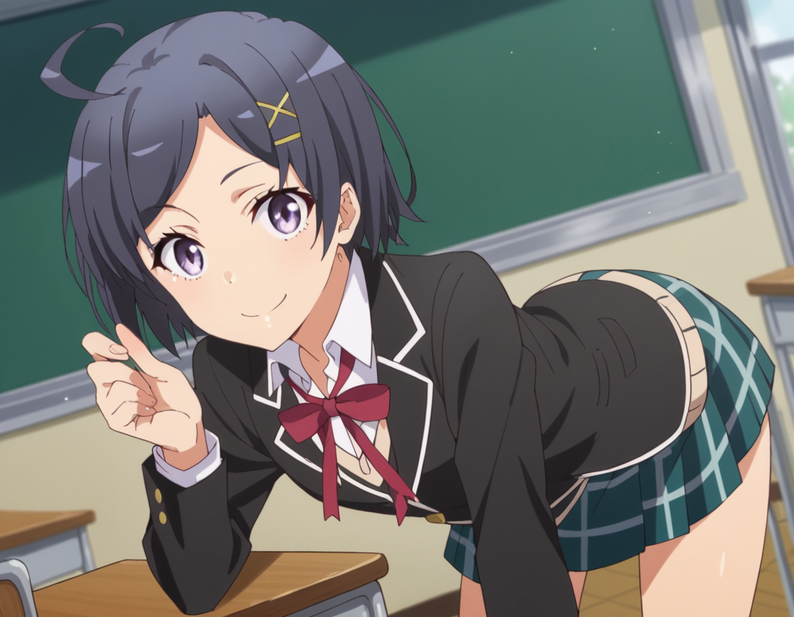 score_9, score_8_up, score_7_up, source_anime,
komachihikigaya, <lora:komachi-hikigaya-s2s3-ponyxl-lora-nochekaiser:1>,
komachi hikigaya, short hair, black hair, hair ornament, ahoge, hairclip, x hair ornament, purple eyes,
skirt, ribbon, school uniform, jacket, black jacket, plaid, plaid skirt, blazer, sobu high school uniform,
indoors, classroom, bent over, smile,
looking at viewer, cowboy shot, solo, dutch angle,