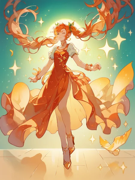 score_9, score_8_up, score_7_up, score_6_up,  <lora:l1fl4gXLP:1> l1fl4g, 1girl, twintails, ginger hair, floating hair, sparkle, dress, high heels,