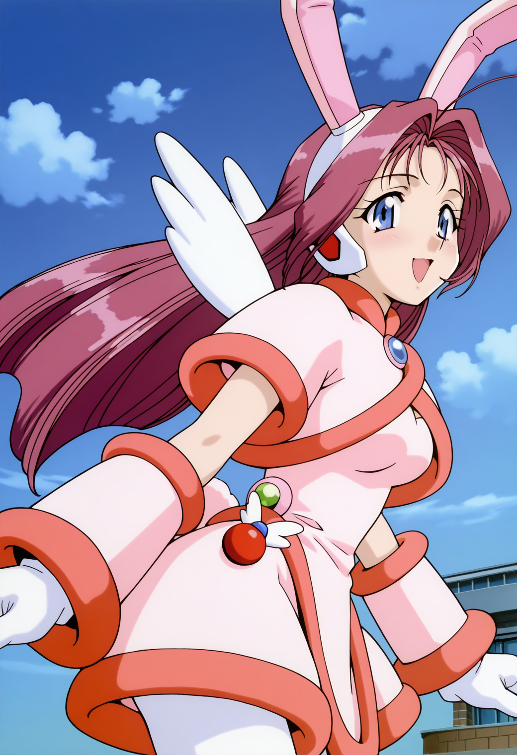 masterpiece, best quality, very aesthetic, absurdres, 1girl, solo,
<lora:corrector_haruna_soil_v01:0.9>, corrector_haruna, soil_element_suit, pink hair, long hair, ahoge, blue eyes,
magical girl, rabbit ears, hairband, pink dress, fur trim, wings, white mittens, rabbit tail, white pantyhose, smile, light blush, open mouth, posing, upper body