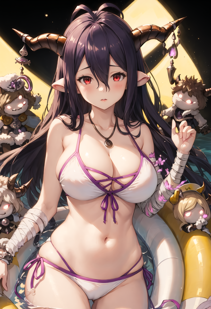 best quality, masterpiece, highres, solo, {danua_granbluefantasy:0.90}, 1girl, cleavage, draph, looking_at_viewer, necklace, official_alternate_costume, bandaged_arm, doll, navel, purple_hair, white_bikini, blush, front-tie_top, innertube, crescent, water