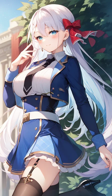 score_9,score_8_up,score_7_up,score_6_up BREAK official art,solo,outdoors,upper body,(portrait:1.5),looking at viewer,facing viewer,smile,blush,Lyseria Christaria,very long hair,white hair,floating hair,hair bow,red bow,braided bangs,jewelry,earrings,hair between eyes,blue eyes,blue jacket,cropped jacket,open jacket,wing collar,black necktie,white shirt,collared shirt,dress shirt,long sleeves,large breasts,double-breasted,white belt,blue skirt,high-waist skirt,pleated skirt,frilled skirt,thigh strap,garter straps,black thighhighs,zettai ryouiki,high heels,black footwear,<lora:Lyseria Christaria(sgmt)-Pony:1.3>,