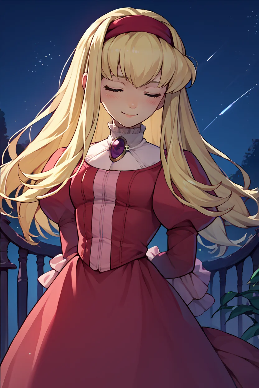 score_9, score_8_up, score_7_up, score_6_up, source_anime, 1girl, solo, <lora:xfalexia-pdxl-nvwls-v1-000005:1> defAlexia, long hair, blonde hair, red hairband, brooch, red ballgown, puffy sleeves, frilled sleeves, closed eyes, smile, arms behind back, night sky, blush