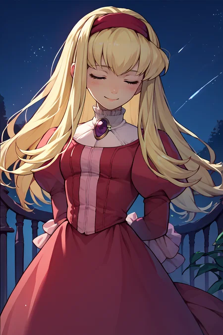 score_9, score_8_up, score_7_up, score_6_up, source_anime, 1girl, solo, <lora:xfalexia-pdxl-nvwls-v1-000005:1> defAlexia, long hair, blonde hair, red hairband, brooch, red ballgown, puffy sleeves, frilled sleeves, closed eyes, smile, arms behind back, night sky, blush