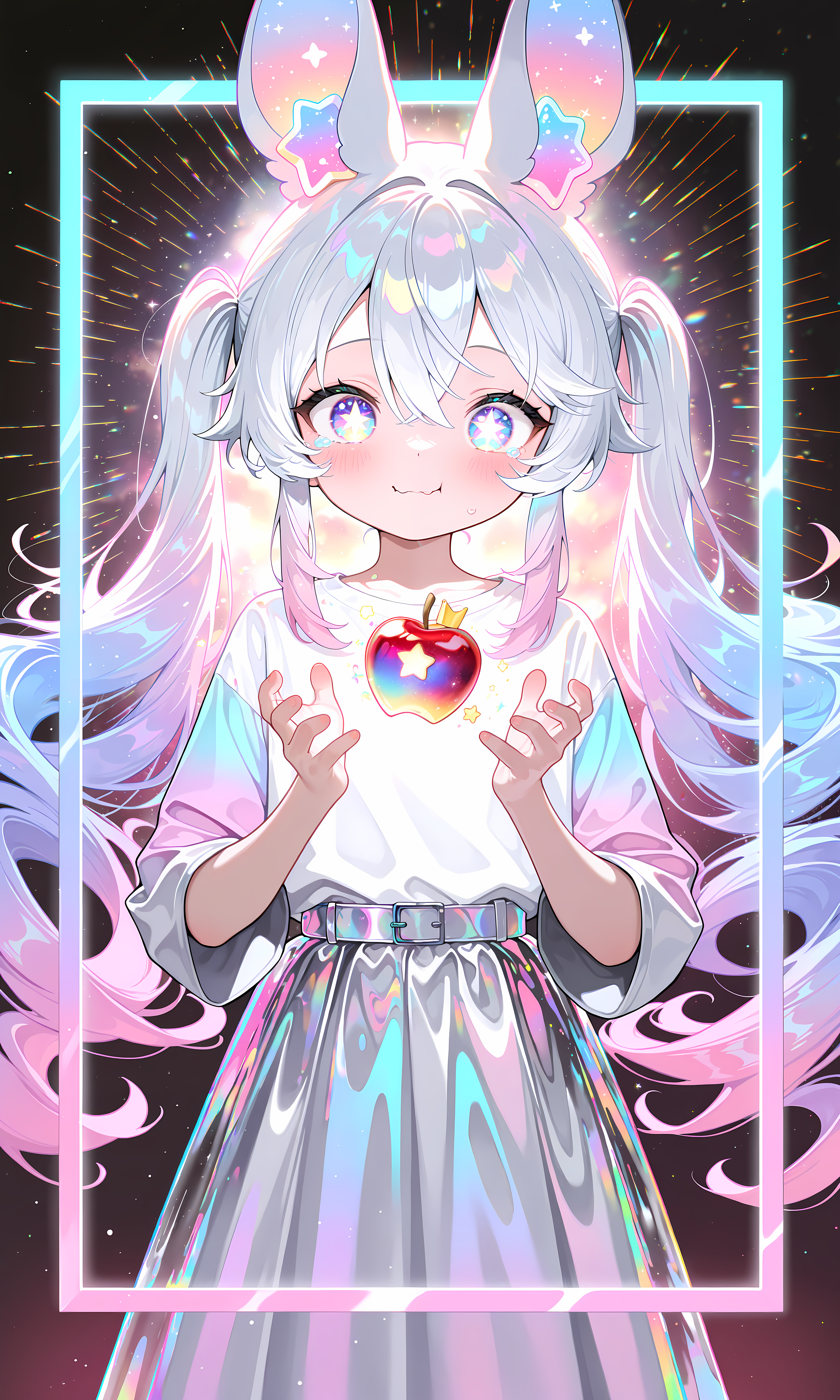 holographic colors, gradient colors, 1girl, cute, frame, animal ears, child, kawaii, star shaped eyes, magical apple, hungry face,

masterpiece, best quality, amazing quality, very aesthetic, absurdres,  newest, volumetric lighting, 