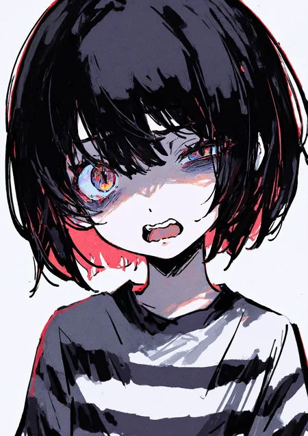 masterpiece, best quality, very aesthetic BREAK kiato, (ciloranko:.7), dino \(dinoartforame\), horror \(theme\), gritty, colorful, faux traditional media, watercolor \(medium\) BREAK solo, shirt, short hair, 1girl, striped shirt, upper body, disgust, wavy mouth, frown, uneven eyes, open mouth, upper teeth only
<lora:noob05-kiato-unet only-feb18-step00002464:1>
