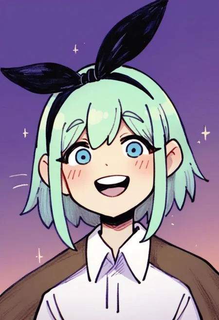 score_9, score_8_up, score_7_up, score_6_up, score_5_up, score_4_up,
BREAK
1girl, solo, portrait, bangs, hairband, smile, teeth, blush, happy, green hair, short hair, blue eyes, open mouth, upper teeth, gradient background, looking at viewer, round teeth, eyebrows visible through hair, shirt, cape, collared shirt, black hairband