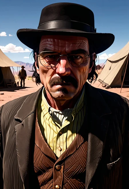 cinematic film still, lifestyle shot
saturated colors,  
negative space, 
1 adult man, 
RDR2Dutch, black hair, brown eyes, facial hair, beard
 (breaking bad style), face of Walter White, hat, moustache sunshades, (solo male focus), 
leading lines, ray tracing, 
backdrop is a cowboy camp in 1899, 2pm