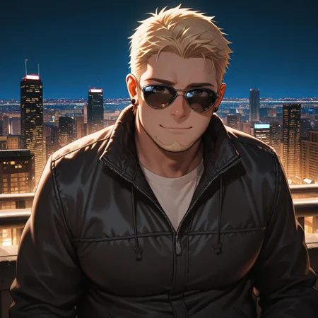 masterpiece, best quality, amazing quality, absurdres, newest, detailed background, definition so sharp, Ultra-HD, 8K cinematic, very awa, impressionate, amazing quality, highres, 
solo, male focus, manly, 
1boy, short hair, goatee, chubby, rikio_blonde, rikio_brown eyes, rikiokamamoto, sunglasses \(on face\), earrings, sideburns, stylish jacket, urban background, city lights, night, cool colors, confident, suave, upbeat, chill vibe, leaning, relaxed pose, slight smile,