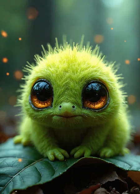 Macro shot of a whimsical, furry green creature with large, expressive golden eyes. Creature resembles a fluffy caterpillar or moss ball with fine, hair-like texture covering its body. Vibrant lime green coloration. Eyes are round, shiny, and amber-colored with dark pupils, giving an innocent, curious expression. Creature perches on a dark green leaf with visible veins and edges. Background is a deep, mysterious forest setting with hints of bioluminescent particles floating in the air. Soft, ethereal lighting creates a magical atmosphere. Dark teal and forest green tones dominate the scene, contrasting with the bright green of the creature. Hyper-detailed fur textures and leaf surfaces. Shallow depth of field focuses attention on the creature's face. Nighttime forest ambiance with a touch of fantasy and wonder.
