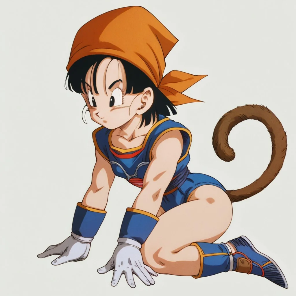 score_9, score_8_up, score_7_up, akiratoriyama, official art, source_anime, full body, solo, 1girl, pan gt, black hair, long hair, black eyes,, Saiyan armor, blue leotard, white gloves, small breasts, large butt, monkey tail, short hair, black hair, bandana, orange bandana, masterpiece, detailed, Expressiveh