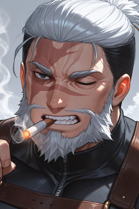 masterpiece, newest, absurdres, intricate, Leonidas_ROR, solo, looking_at_viewer, short hair, pecs, mature_male, white hair, beard, beefy, scar_across_eye, right_eye_closed, matur male, holding_cigarette, harness, sitting,  smoke, outdoors, traditional_media, simple_background, 