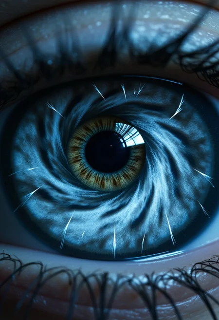 A super close-up of a woman’s eye, the iris turned into a swirling tornado, dark grays and blues spinning wildly with tiny lightning flashes zapping across. The pupil is the storm’s center, a deep black hole, while the sclera has faint cloud wisps. The lighting is a stormy electric blue, captured with a Sony A7R IV, .arw file, making the violent tornado fill the whole frame.
, aidmarealisticskin, aidmamj6.1