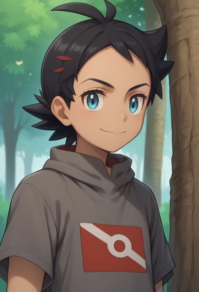 score_9, score_8_up, source_anime, highly detailed, 1boy, solo, skinny, human child,
go2, blue eyes, smile, male focus, closed mouth, tree, shirt, short sleeves, black hair, grey shirt, eyelashes
outdoor,