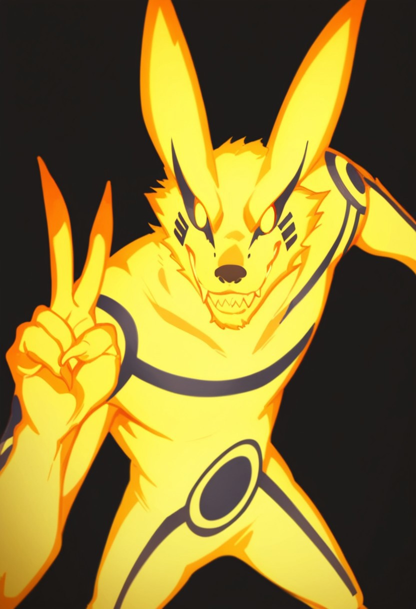score_9, score_8_up, score_7_up, 1boy, solo, (TBMKurama, male fox, anthro, yellow body, glowing body, yellow eyes, no pupils, sharp teeth), ((close-up, peace sign, standing)), looking at viewer, closed mouth, smile, black background, simple background, 4k, masterpiece, best quality, highly detailed, realistic