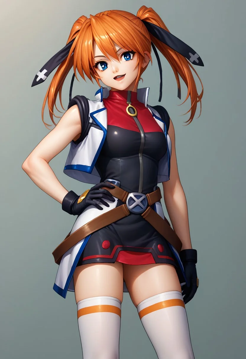 score_9, score_8_up, score_7_up, source_anime, good anatomy, 1girl, solo,solo, 1girl, TeannaLanster, orange hair, blue eyes, twintails, black hair ribbons, black and red dress, short dress, white cropped jacket, black gloves, no waistcape, brown belts, white thighhighs, black shoes, standing, smiling, hand on hip, open mouth