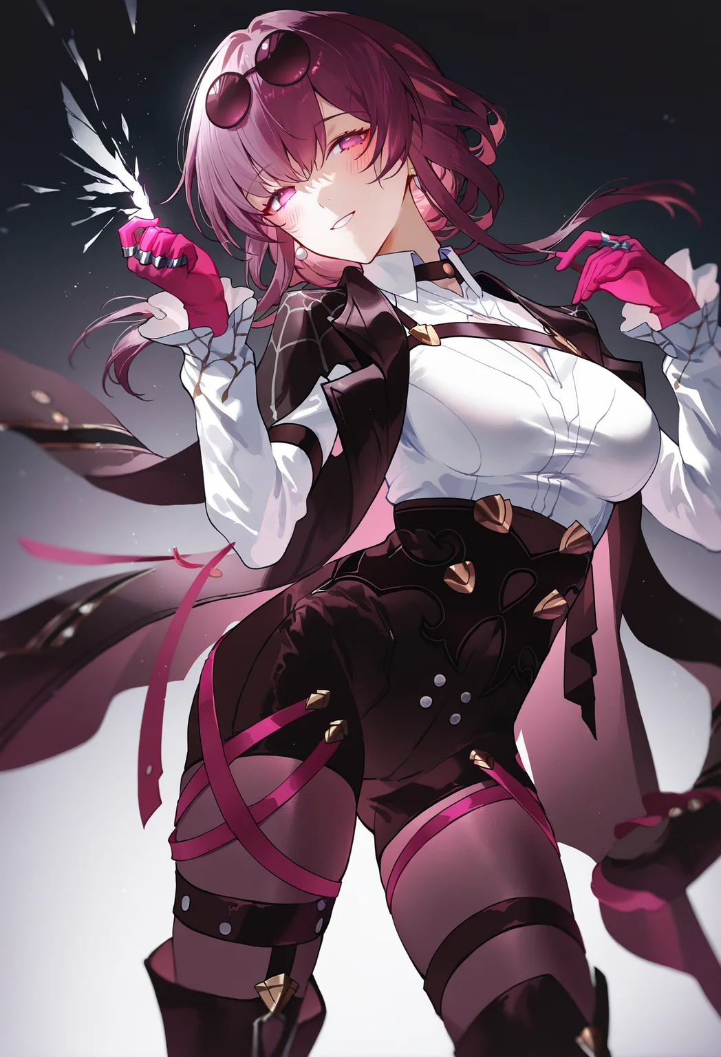 1girl, kafka \(honkai: star rail\), honkai: star rail, honkai \(series\),
black jacket, blush, breasts, broken glass, collared shirt, eyewear on head, glass, gloves, high-waist shorts, jacket, jewelry, large breasts, long hair, long jacket, long sleeves, looking at viewer, purple eyes, purple gloves, purple hair, round eyewear, shirt, shorts, smile, solo, spider web print, sunglasses, white shirt, thigh boots, ._., purple pantyhose, black shorts, boots, pink glove, earrings, pantyhose under shorts, single thigh boot,
.
best quality, very aesthetic, absurdres
<lora:fajyoborefornoob:0.95>