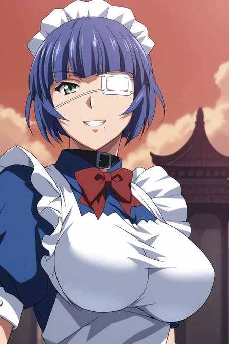 score_9, score_8_up, score_7_up, score_6_up, score_5_up, source_anime, rating_safe, medium breasts, outdoors, temple, 1girl, solo, looking at viewer, <lora:age_slider_v4:3>, (upper body:1.2), (dynamic pose:1.2), ryomou shimei, blue hair, short hair, green eyes, eyepatch, ryomoumaid, maid headdress, belt collar, red bowtie, maid apron, blue dress, blue gloves, white thighhighs, blue boots, <lora:Shimei_Ryomou:0.8>, smile, fist