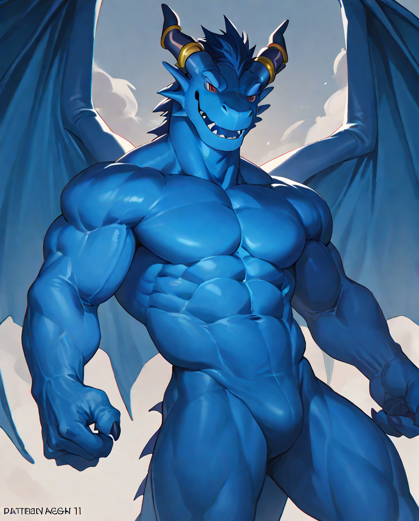 source_furry,score_9,score_8 up,score_7 up,score_6 up,male,anthro,furry,1boy,solo,blue_dragon,dragon,wings,horns,blue body,red eyes,muscles,muscular,bodybuilder,abs,pectorals,biceps,<lora:Blue_Dragon:1>,