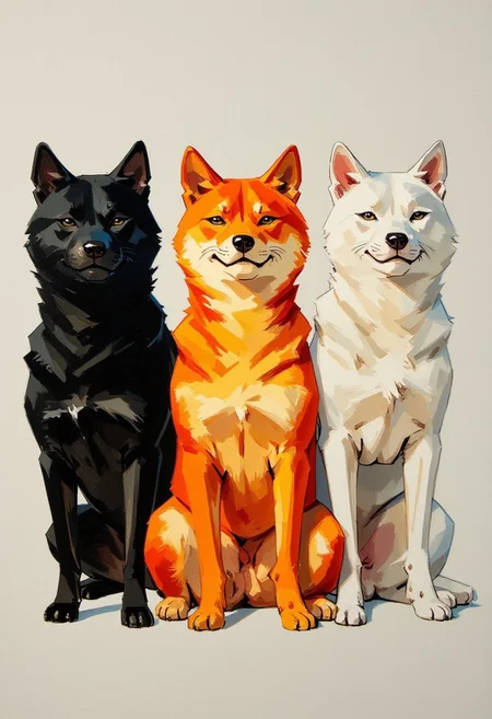 oil painting of 3 shiba inus in a row doing the hearing seeing speaking poses. They are a black shiba,an orange shiba and a white shiba
in the style of frank frazetta