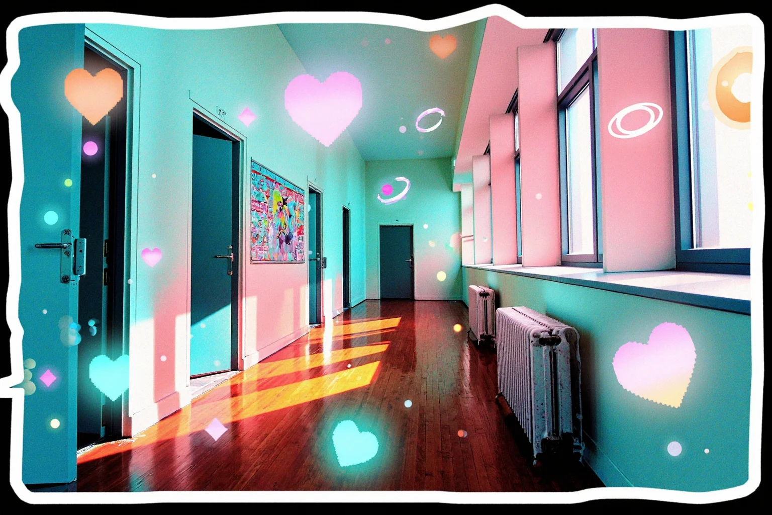 empty school corridor in a building, long perspective with open classroom doors and sunlit windows, rendered in posterized style with soft gradients and minimal detail, warm polished floors reflecting cyan and pink light, faded wall posters and old radiators along the hallway, subtle lens flares, floating vector swirls, pastel bubbles, halftone overlays, glowing rings, and pixel hearts drifting through the scene, color palette of pale cyan, peachy pink, lilac, and cream, all layered on a solid black background with a clean white sticker-style outline around the composition, gentle diagonal flow evoking movement and memory, textures soft and dreamy with a nostalgic glow, echoing the peaceful liminality of early 2000s in a Frutiger Aero / Y2K vector aesthetic.