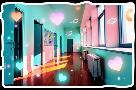 empty school corridor in a building, long perspective with open classroom doors and sunlit windows, rendered in posterized style with soft gradients and minimal detail, warm polished floors reflecting cyan and pink light, faded wall posters and old radiators along the hallway, subtle lens flares, floating vector swirls, pastel bubbles, halftone overlays, glowing rings, and pixel hearts drifting through the scene, color palette of pale cyan, peachy pink, lilac, and cream, all layered on a solid black background with a clean white sticker-style outline around the composition, gentle diagonal flow evoking movement and memory, textures soft and dreamy with a nostalgic glow, echoing the peaceful liminality of early 2000s in a Frutiger Aero / Y2K vector aesthetic.