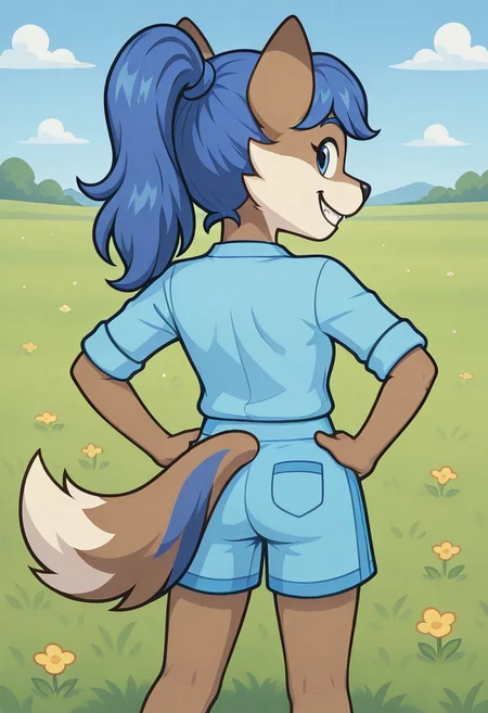solo, cabulosa, ponytail, anthro, fangs, standing, closed mouth, grin, green meadow, looking at viewer, blue shirt, blue shorts, back view, hands on hips