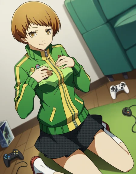 score_9, score_8_up, score_7_up, source_anime, <lora:chie-satonaka-s1-ponyxl-lora-nochekaiser:1>, chie satonaka, short hair, brown hair, brown eyes, medium breasts,, skirt, jacket, shoes, socks, track jacket, badge, button badge, smiley face, green jacket,, living room, video game, controller, competitive, fun, afternoon, , , hands on own chest, smile, solo,, cowboy shot, dutch angle
