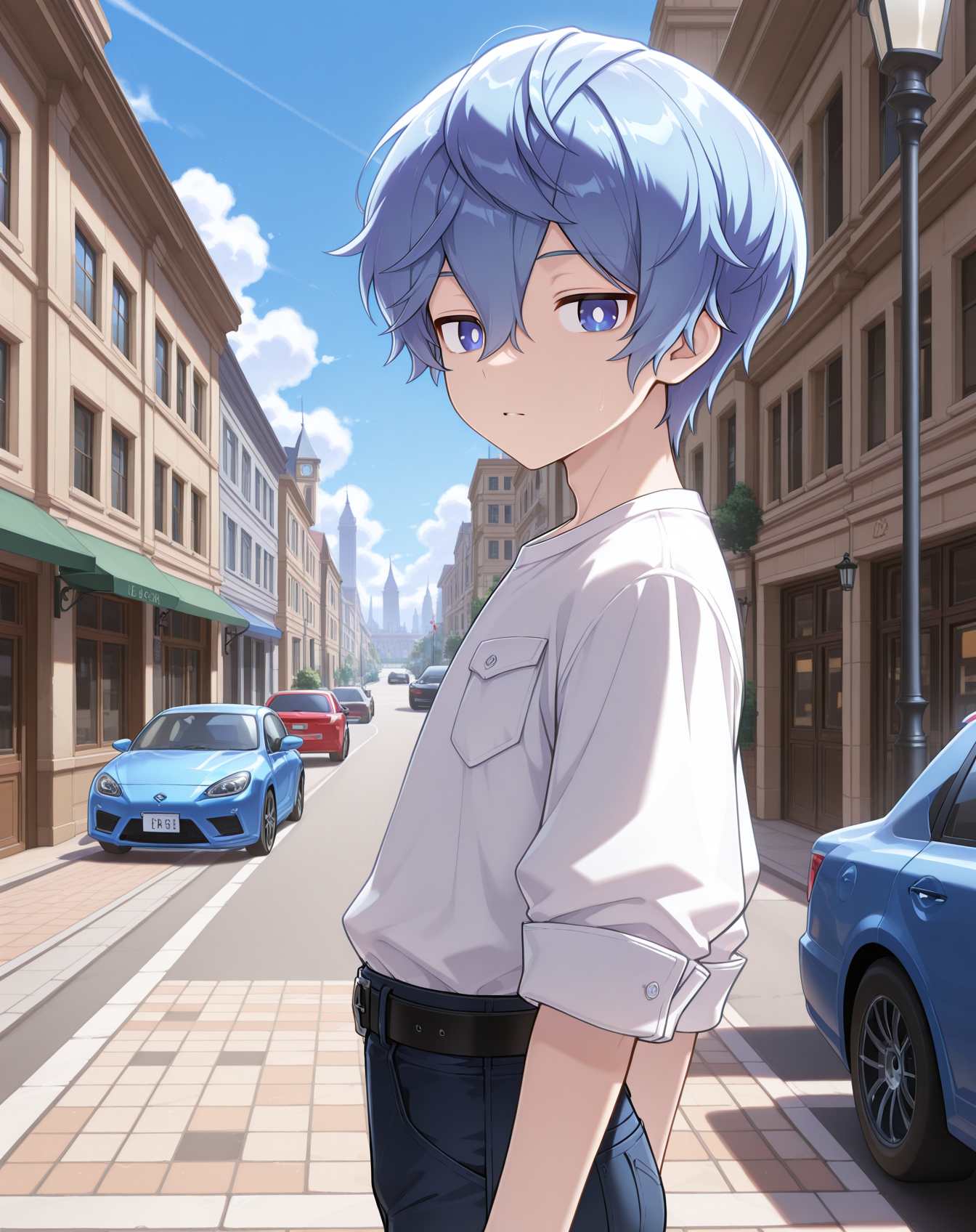 masterpiece,best quality,amazing quality, newest, very aesthetic, absurdres,
1boy, solo, yaoi, male focus, looking at viewer, cowboy shot, standing,
<lora:Noah_Liberator_ilxl:1>   noahlb, blue eyes, blue hair, hair between eyes, short hair, white pupils,
white shirt, jeans, sneakers,
outdoors, day, blue sky, building, street, road, lamppost, car,
