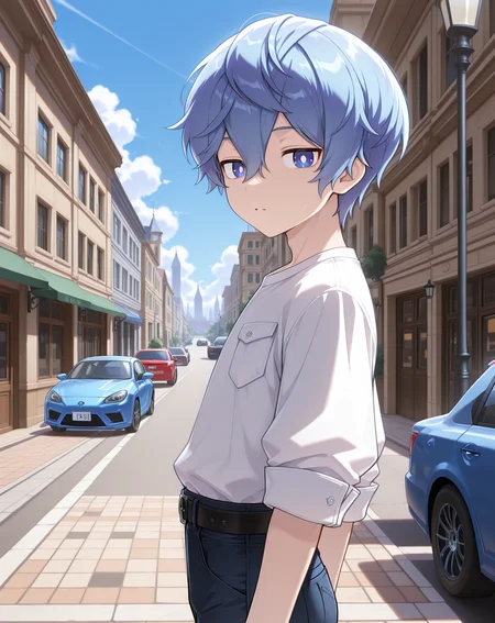 masterpiece,best quality,amazing quality, newest, very aesthetic, absurdres,
1boy, solo, yaoi, male focus, looking at viewer, cowboy shot, standing,
<lora:Noah_Liberator_ilxl:1> noahlb, blue eyes, blue hair, hair between eyes, short hair, white pupils,
white shirt, jeans, sneakers,
outdoors, day, blue sky, building, street, road, lamppost, car,