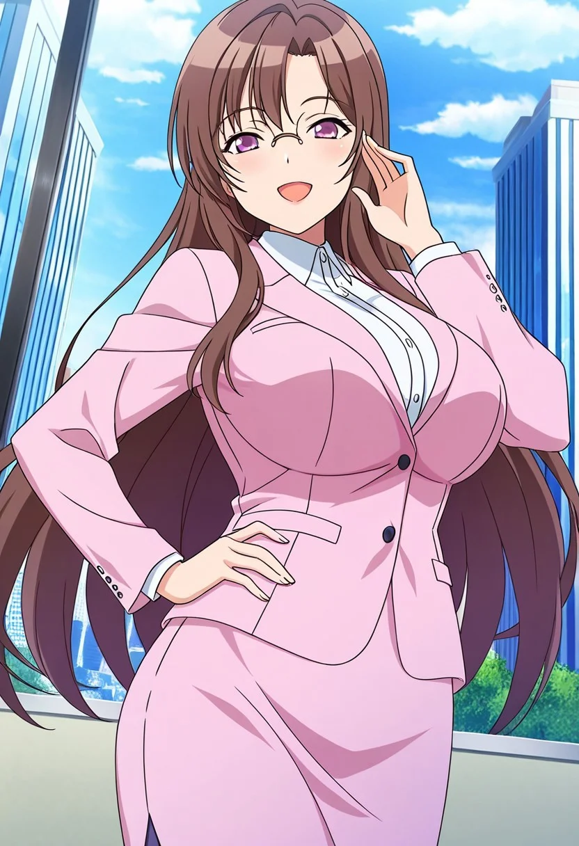 general,highres, ultra-detailed,very aesthetic,best quality ,best hands,best eyes,easynegative,
dynamic anglre, dutch angle, anime cloring,anime screencap,
1girl solo,looking at viewer,city,indoor,smile,open mouth,hand on hip,
Sayaka RYUUZAKI,brown_hair, long_hair,purple_eyes, huge_breasts, glasses,suits, skirt,