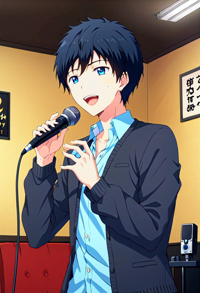 high resolution, solo, best quality, 1Boy, Arata Kaziaki, Black Hair, Blue Eyes, singing, karaoke, karaoke room, happy,