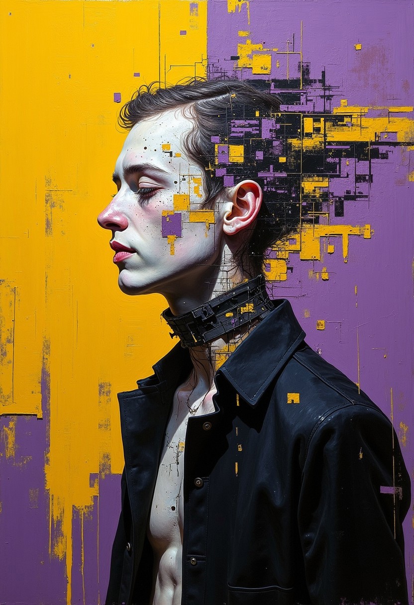 DB4RZ style painting, person with head replaced by an corrupted digital glitch effect, yellow and purple and white and black, oil painting, sharp focus, (biopunk:1) and (dark fantasy:1) and (retrofuturism:1), saturated dirt color background. kandinsky geometric shapes on background. in the style of Gerald Brom and Joseph Cross. The painting features dark tones, high contrast, clean lines, high resolution, and high detail. <lora:style_of_Wassily_Kandinsky_FLUX_287:0.6>