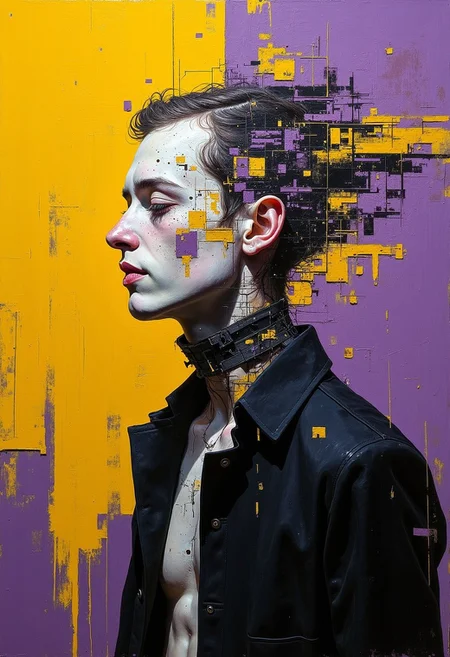 DB4RZ style painting, person with head replaced by an corrupted digital glitch effect, yellow and purple and white and black, oil painting, sharp focus, (biopunk:1) and (dark fantasy:1) and (retrofuturism:1), saturated dirt color background. kandinsky geometric shapes on background. in the style of Gerald Brom and Joseph Cross. The painting features dark tones, high contrast, clean lines, high resolution, and high detail. <lora:style_of_Wassily_Kandinsky_FLUX_287:0.6>